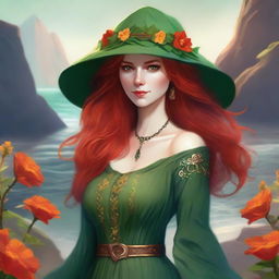 A high-quality digital art image, in the style of Dungeons and Dragons, depicts a stunning elvish woman with fiery red hair