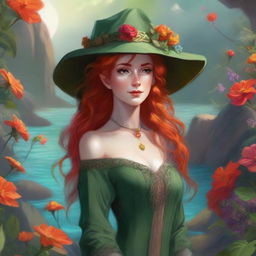 A high-quality digital art image, in the style of Dungeons and Dragons, depicts a stunning elvish woman with fiery red hair