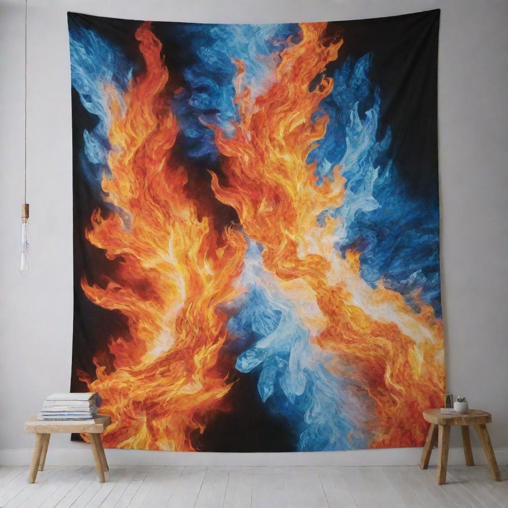 Revise the book cover, merging fire and ice not just side by side but each blending into the other, creating an exquisite tapestry. Over this backdrop, the title 'Fire Crystal' glows with an arresting mix of frosty and fiery intensity.