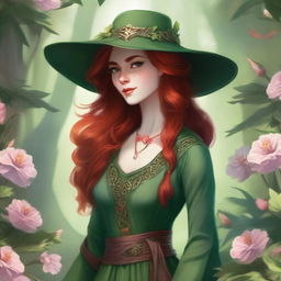 A high-quality digital art image, in the style of Dungeons and Dragons, showcases a beautiful elvish woman with radiant red hair