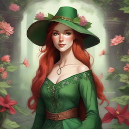 A high-quality digital art image, in the style of Dungeons and Dragons, showcases a beautiful elvish woman with radiant red hair