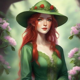 A high-quality digital art image, in the style of Dungeons and Dragons, showcases a beautiful elvish woman with radiant red hair