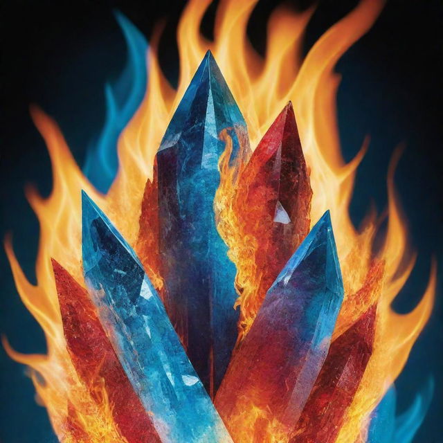 Design a breathtaking book cover for the title 'Fire Crystal'. It should sport vibrant flames juxtaposed with glittering ice, while the title 'Fire Crystal' stands out as a bold centerpiece in a fusion of hot and cold hues.