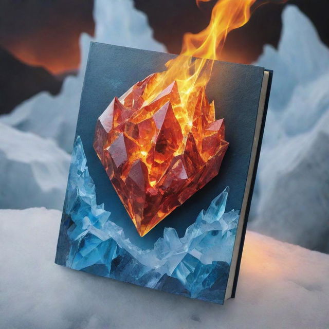 Craft an exquisite book cover for 'Fire Crystal'. The backdrop is a blazing inferno transitioning into a glacial landscape. The title, 'Fire Crystal', radiates in metallic hues, symbolically pulsing with both the heat of fire and the chill of ice.