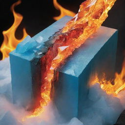 Craft an exquisite book cover for 'Fire Crystal'. The backdrop is a blazing inferno transitioning into a glacial landscape. The title, 'Fire Crystal', radiates in metallic hues, symbolically pulsing with both the heat of fire and the chill of ice.