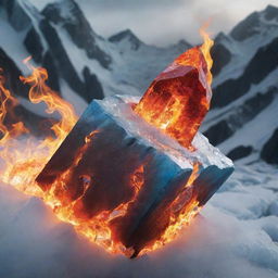 Craft an exquisite book cover for 'Fire Crystal'. The backdrop is a blazing inferno transitioning into a glacial landscape. The title, 'Fire Crystal', radiates in metallic hues, symbolically pulsing with both the heat of fire and the chill of ice.