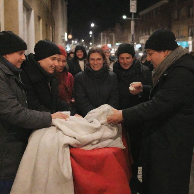 Warm-hearted scene of people generously handing out warm blankets to those in need during a chilly evening