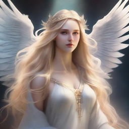 A sublime digital art image showcasing an angelic woman with long, flowing blonde hair