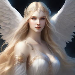 A sublime digital art image showcasing an angelic woman with long, flowing blonde hair