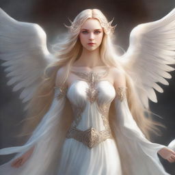 A sublime digital art image showcasing an angelic woman with long, flowing blonde hair