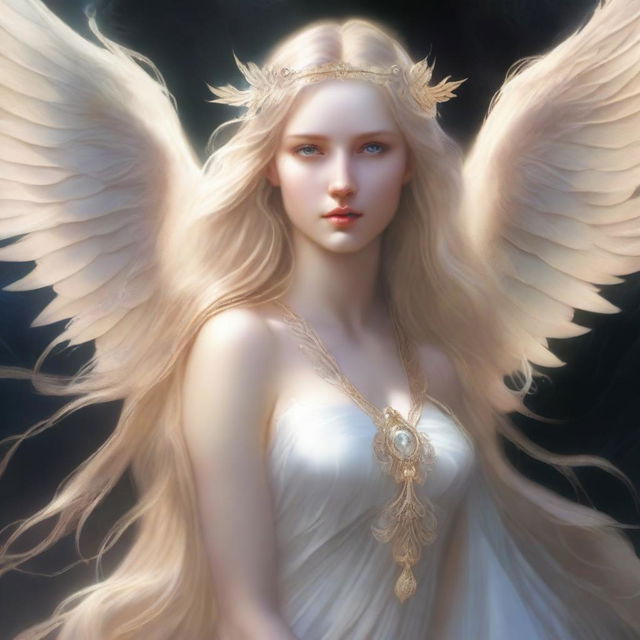 A sublime digital art image showcasing an angelic woman with long, flowing blonde hair