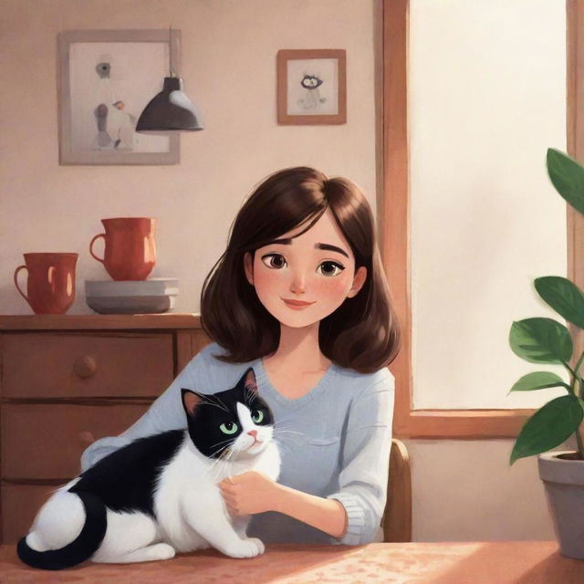 Disney Pixar style illustration of a brunette girl with her black and white cat in a cozy setting