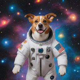 A vibrant and whimsical depiction of a dog clad in an astronaut suit, floating in the zero-gravity expanses of space surrounded by colorful galaxies and distant stars.