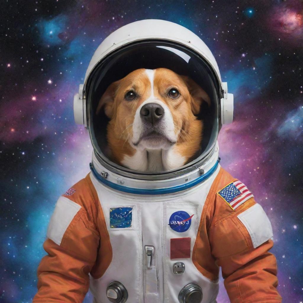 A vibrant and whimsical depiction of a dog clad in an astronaut suit, floating in the zero-gravity expanses of space surrounded by colorful galaxies and distant stars.