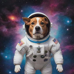 A vibrant and whimsical depiction of a dog clad in an astronaut suit, floating in the zero-gravity expanses of space surrounded by colorful galaxies and distant stars.