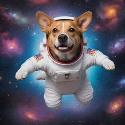 A vibrant and whimsical depiction of a dog clad in an astronaut suit, floating in the zero-gravity expanses of space surrounded by colorful galaxies and distant stars.