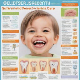 A detailed poster featuring the scope of pediatric and preventive dentistry, with prominent areas of child dental care and prevention strategies, utilizing bright and engaging visuals to promote understanding and interest.