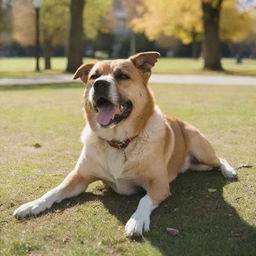 A playful dog basking in the sunshine in the middle of a serene park.