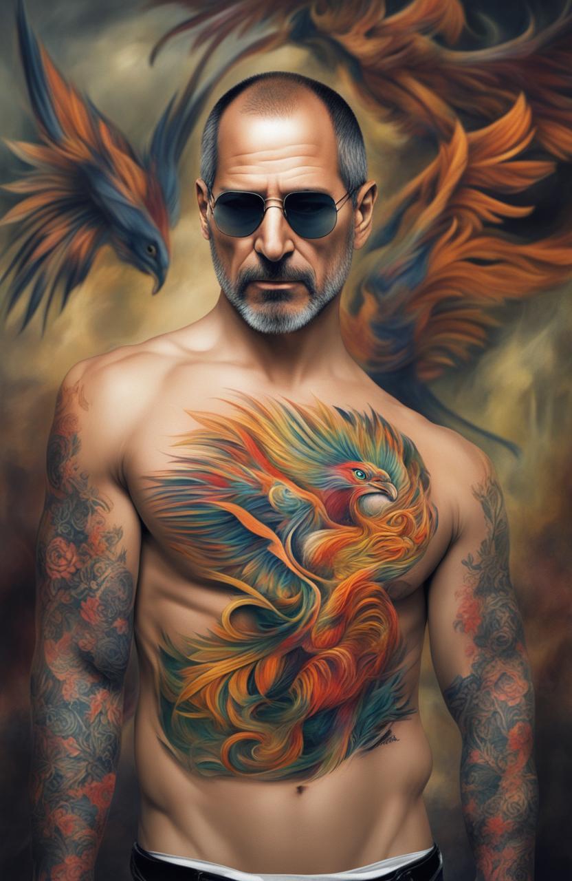 This digital artwork presents a super muscular Steve Jobs, his body adorned with a vibrant phoenix tattoo