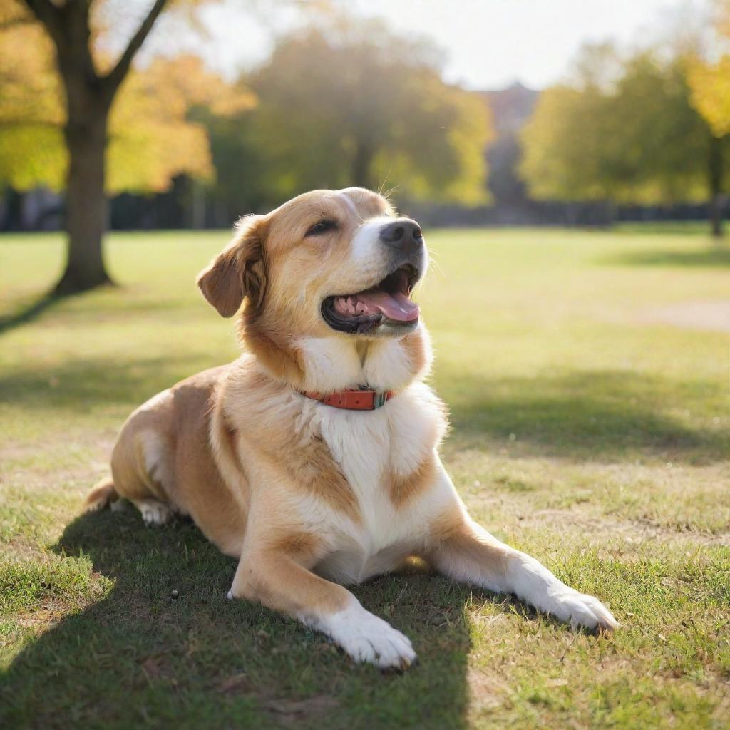 A playful dog basking in the sunshine in the middle of a serene park.