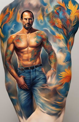 This digital artwork presents a super muscular Steve Jobs, his body adorned with a vibrant phoenix tattoo