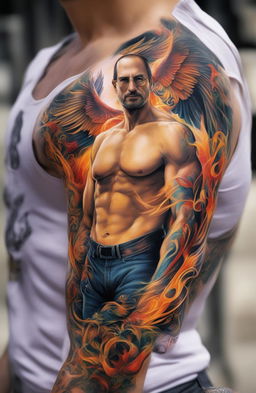 This digital artwork presents a super muscular Steve Jobs, his body adorned with a vibrant phoenix tattoo