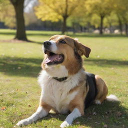 A playful dog basking in the sunshine in the middle of a serene park.