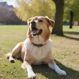 A playful dog basking in the sunshine in the middle of a serene park.