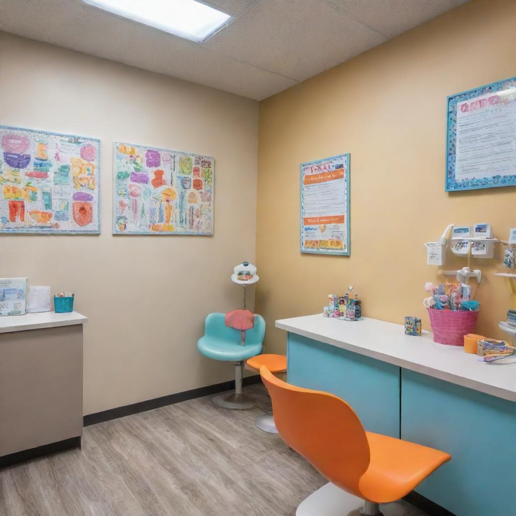 An inviting pediatric dentist office with colorful, kid-friendly decor. In the foreground, a dentist in professional attire treats a young patient with specialized, child-friendly dental tools. Posters of various dental topics tailored for children hang on the walls.