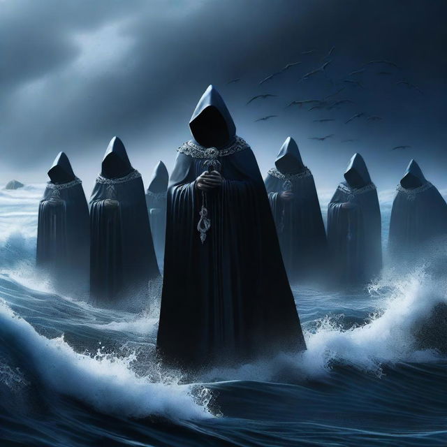 A compelling digital art image illustrating a cult of the oceans