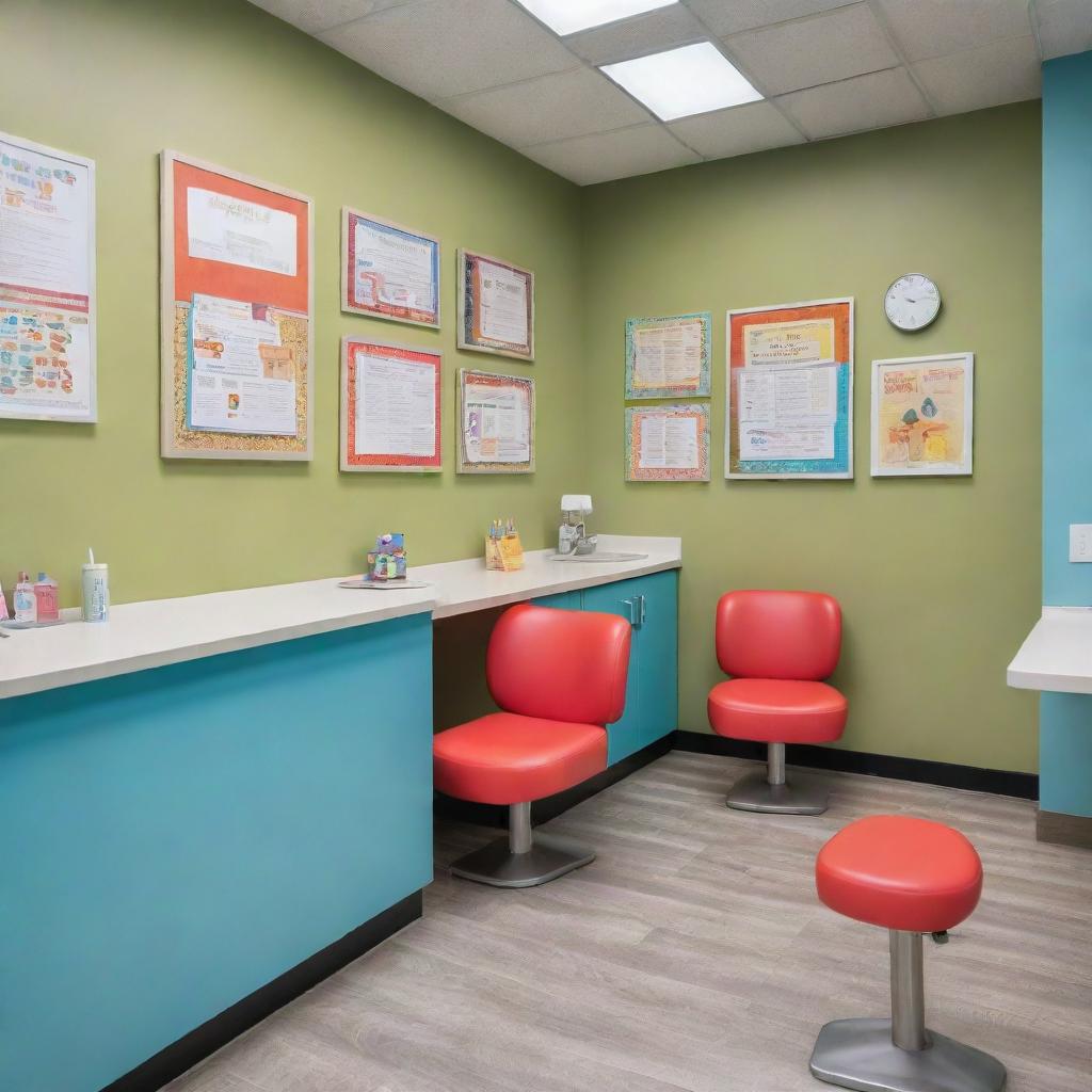 An inviting pediatric dentist office with colorful, kid-friendly decor. In the foreground, a dentist in professional attire treats a young patient with specialized, child-friendly dental tools. Posters of various dental topics tailored for children hang on the walls.