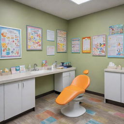 An inviting pediatric dentist office with colorful, kid-friendly decor. In the foreground, a dentist in professional attire treats a young patient with specialized, child-friendly dental tools. Posters of various dental topics tailored for children hang on the walls.