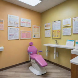 An inviting pediatric dentist office with colorful, kid-friendly decor. In the foreground, a dentist in professional attire treats a young patient with specialized, child-friendly dental tools. Posters of various dental topics tailored for children hang on the walls.