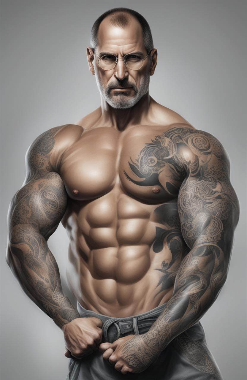 This digital painting showcases a bodybuilding version of Steve Jobs, his physique adorned with intricate tattoos