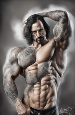 This digital painting showcases a bodybuilding version of Steve Jobs, his physique adorned with intricate tattoos