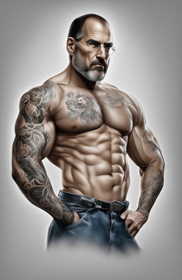 This digital painting showcases a bodybuilding version of Steve Jobs, his physique adorned with intricate tattoos