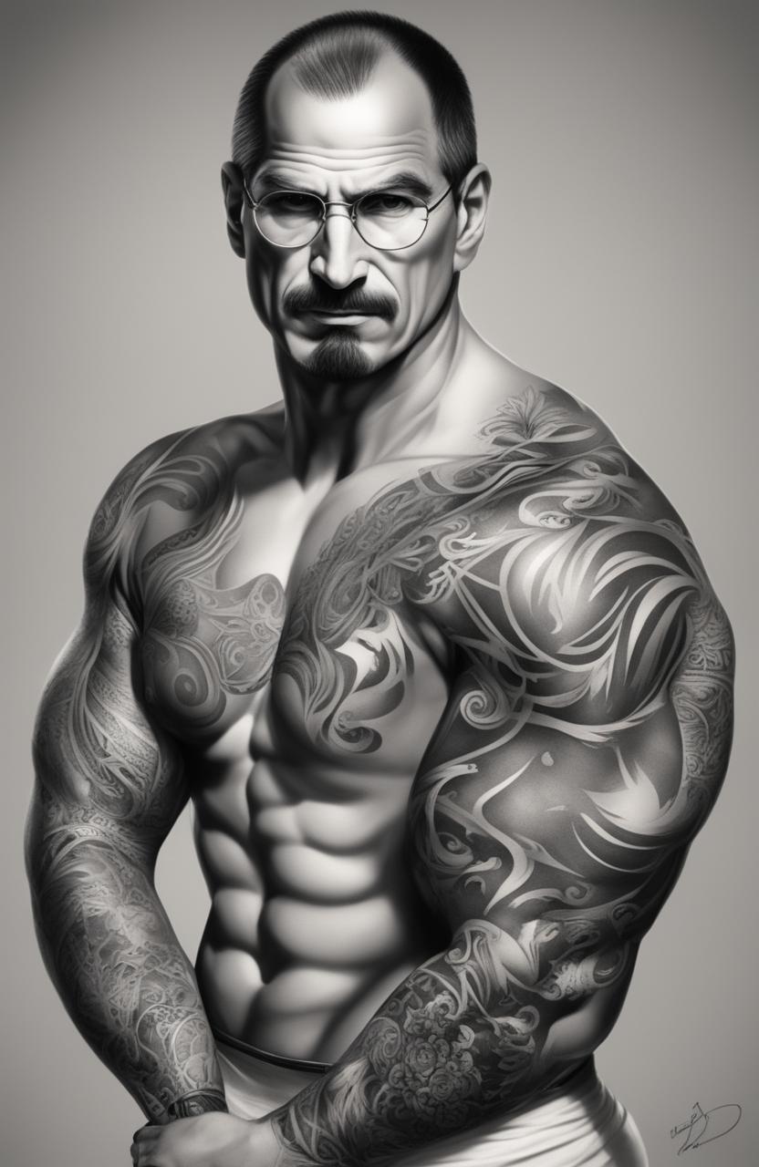 This digital painting showcases a bodybuilding version of Steve Jobs, his physique adorned with intricate tattoos