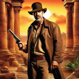 An adventurous digital art poster featuring Jeffrey Dean Morgan in an Indiana Jones style setting