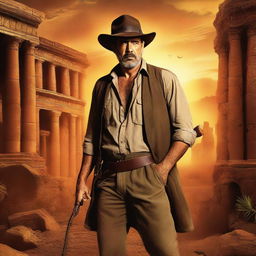 An adventurous digital art poster featuring Jeffrey Dean Morgan in an Indiana Jones style setting