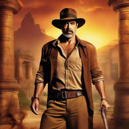 An adventurous digital art poster featuring Jeffrey Dean Morgan in an Indiana Jones style setting