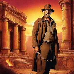 An adventurous digital art poster featuring Jeffrey Dean Morgan in an Indiana Jones style setting