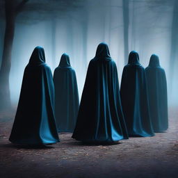 An intriguing digital art image depicts a group of individuals, a cult, garbed in mysterious black and blue cloaks