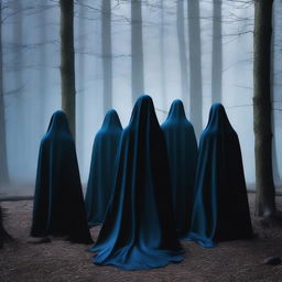 An intriguing digital art image depicts a group of individuals, a cult, garbed in mysterious black and blue cloaks