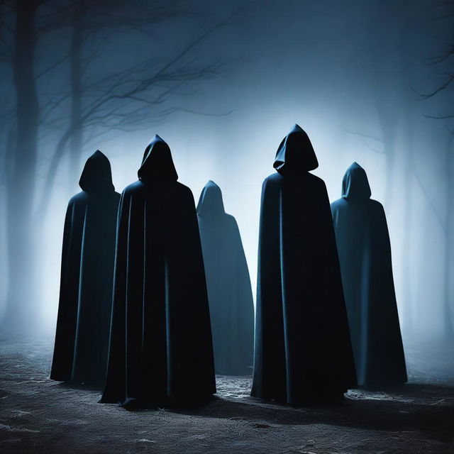 An intriguing digital art image depicts a group of individuals, a cult, garbed in mysterious black and blue cloaks