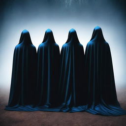 An intriguing digital art image depicts a group of individuals, a cult, garbed in mysterious black and blue cloaks