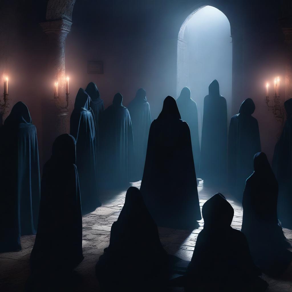 A captivating digital art image portrays a cult gathering within a dimly lit chamber