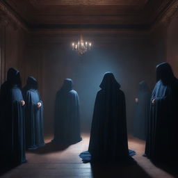 A captivating digital art image portrays a cult gathering within a dimly lit chamber