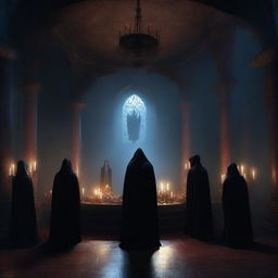 A captivating digital art image portrays a cult gathering within a dimly lit chamber