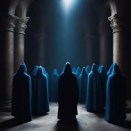 A compelling digital art image portrays a cult gathering in a shadowy chamber