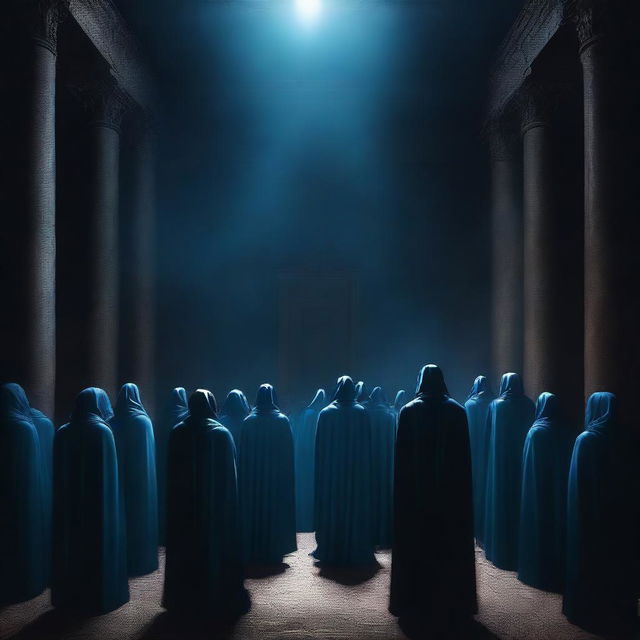 A compelling digital art image portrays a cult gathering in a shadowy chamber